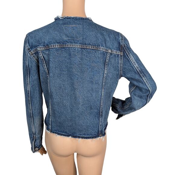 Levi's Medium Wash Altered Trucker Cut Off Raw Hem Collarless Denim Jacket SZ M - Picture 8 of 10